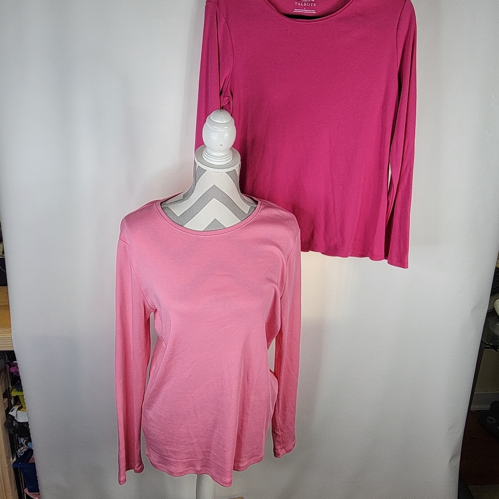 2 of The Talbots Tee Light Pink & Dark Pink 100% Pima Cotton Size Large Crew